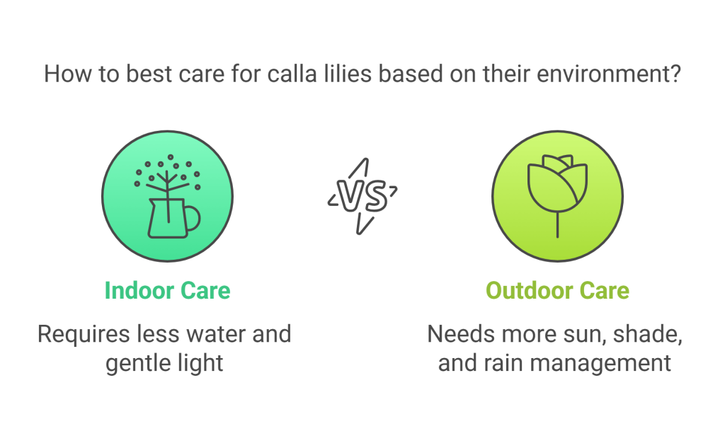 Infographic comparing the differences between indoor and outdoor Calla Lily care.