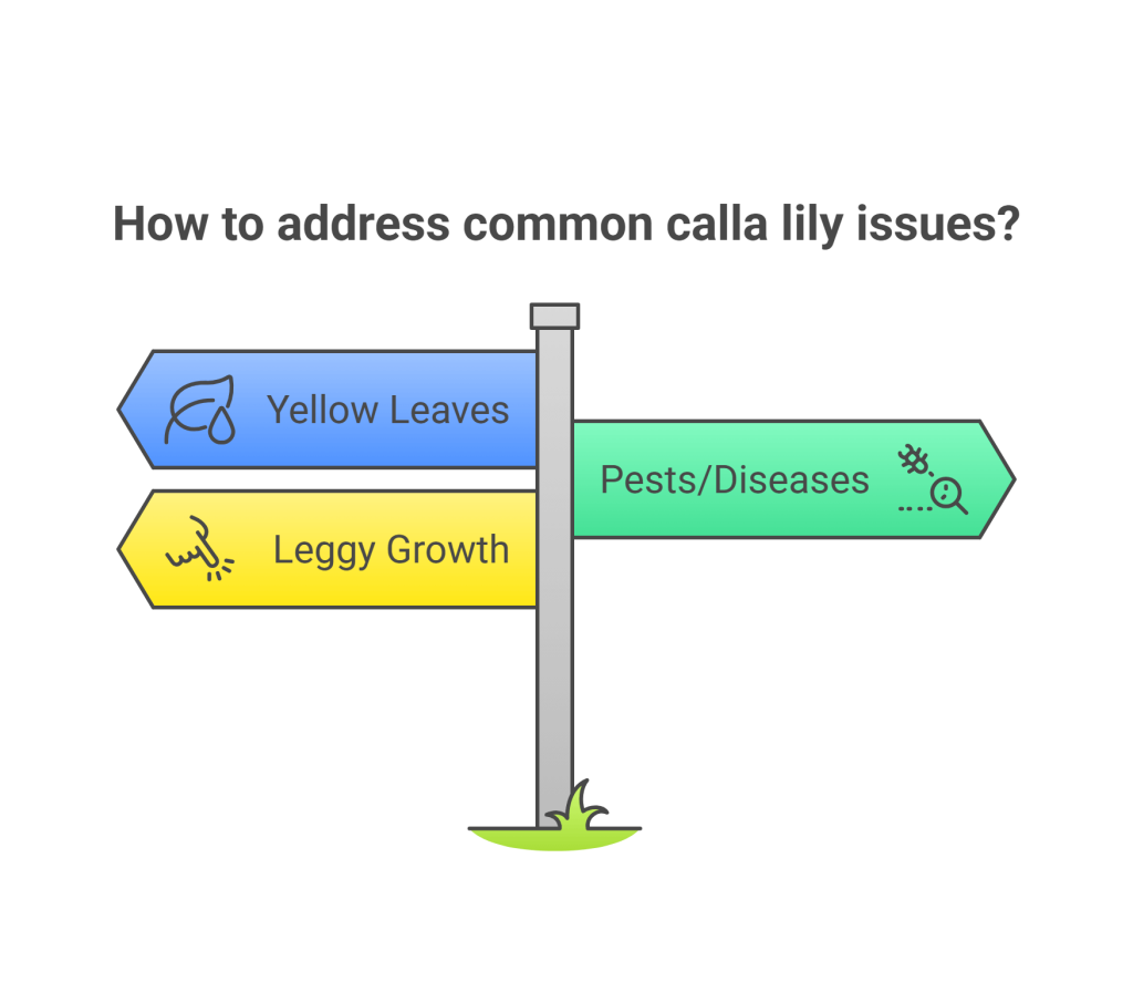 Infographic showing common Calla Lily plant care issues.