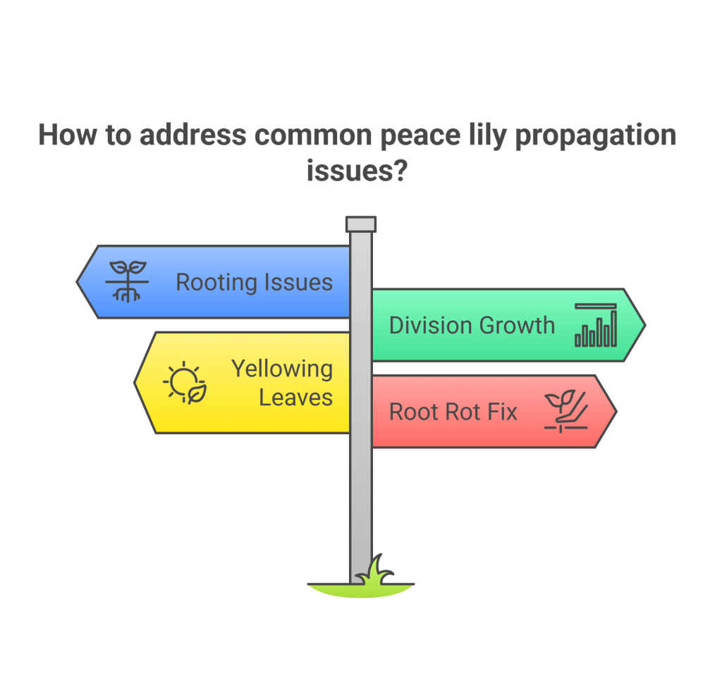 Infographic of common problems and troubleshooting tips for Peace Lily propagation.