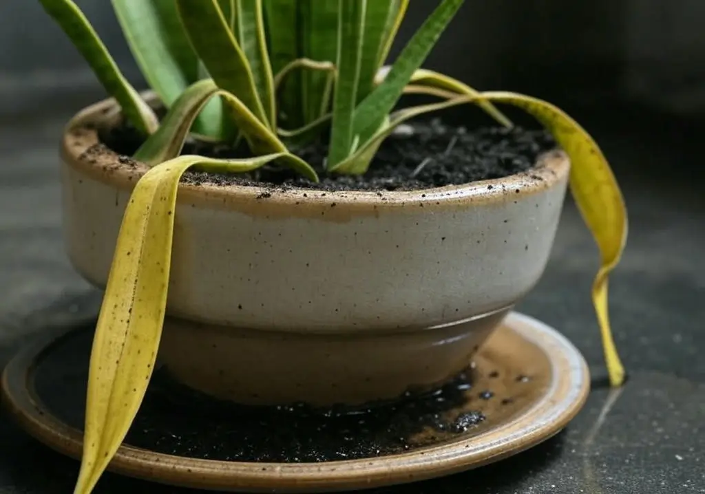 Overwatered snake plant showing yellow leaves and soggy soil damage.