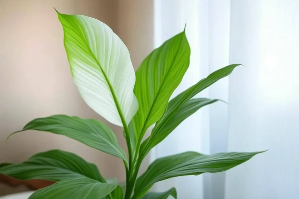 Peace lily (Spathiphyllum) near window with curtain to avoid sunburn.