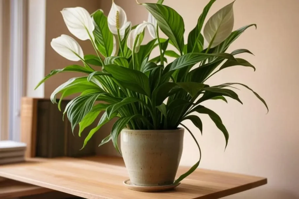 Peace lily in warm living room at 65-80°F.