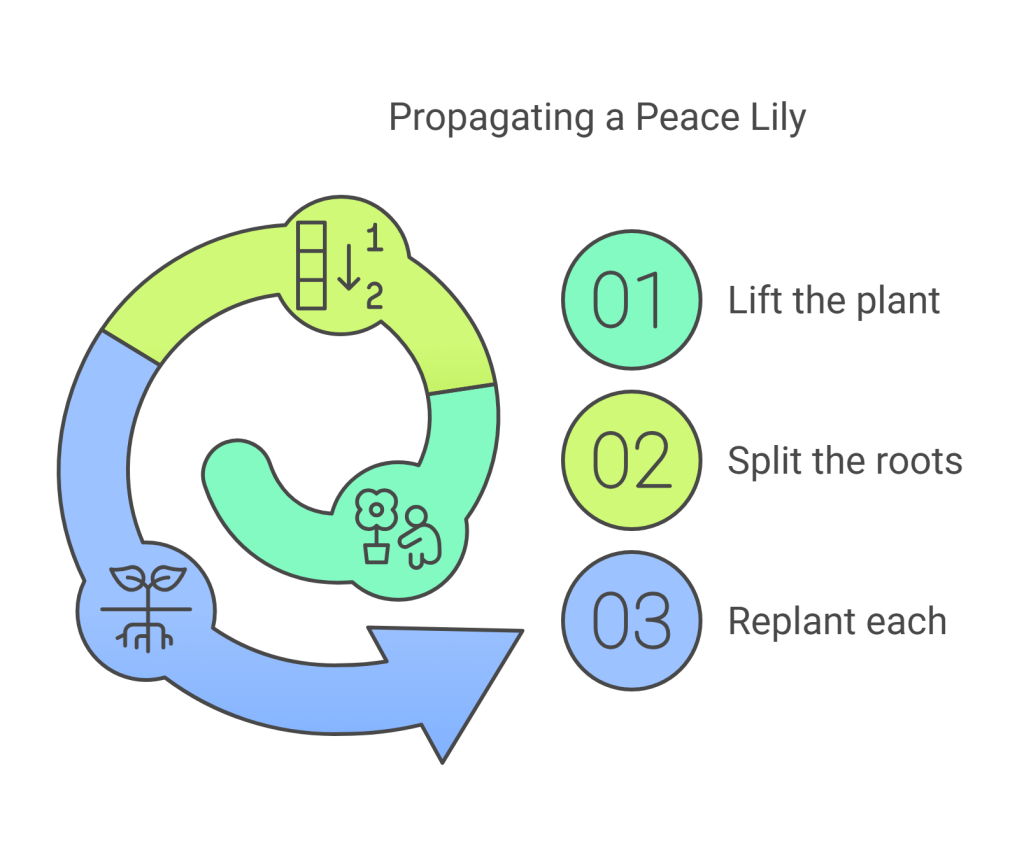 Peace lily propagation steps infographic.