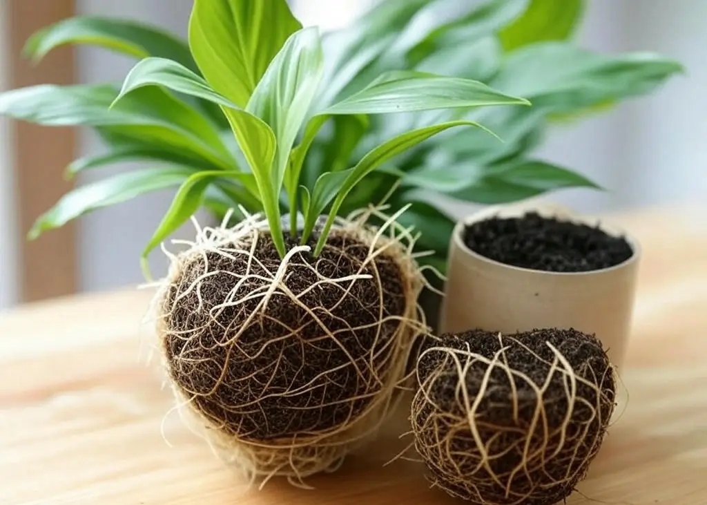 Peace lily root division process showing scissors cutting root ball into sections with roots and leaves, alongside potting soil, for peace lily propagation.