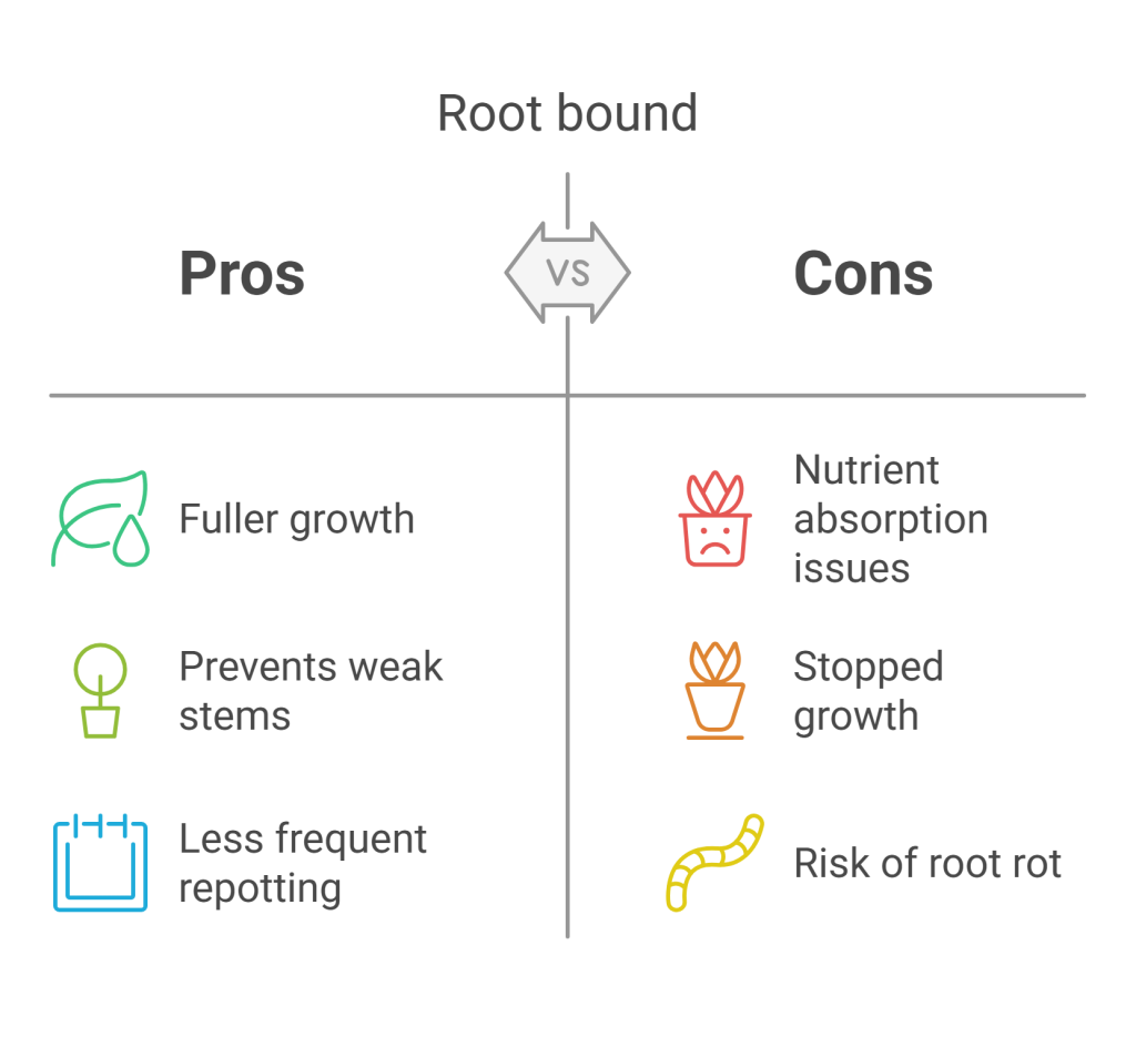 Infographic displaying the pros and cons of a Tradescantia (Wandering Jew) plant being root-bound.