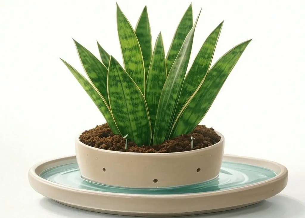 Healthy snake plant bottom watering in tray with drainage holes.