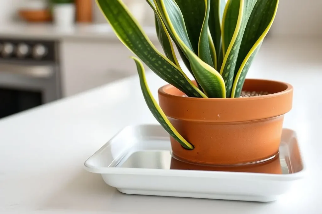 Snake plant in pot bottom watering in tray on countertop.