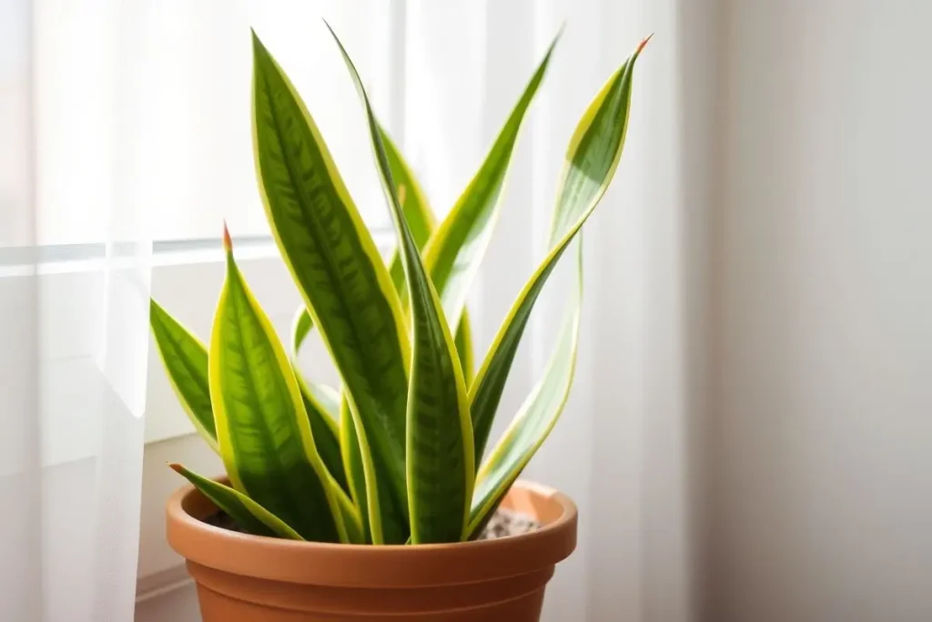 Snake plant in terra-cotta pot thriving in bright, indirect light near a window with a sheer curtain.