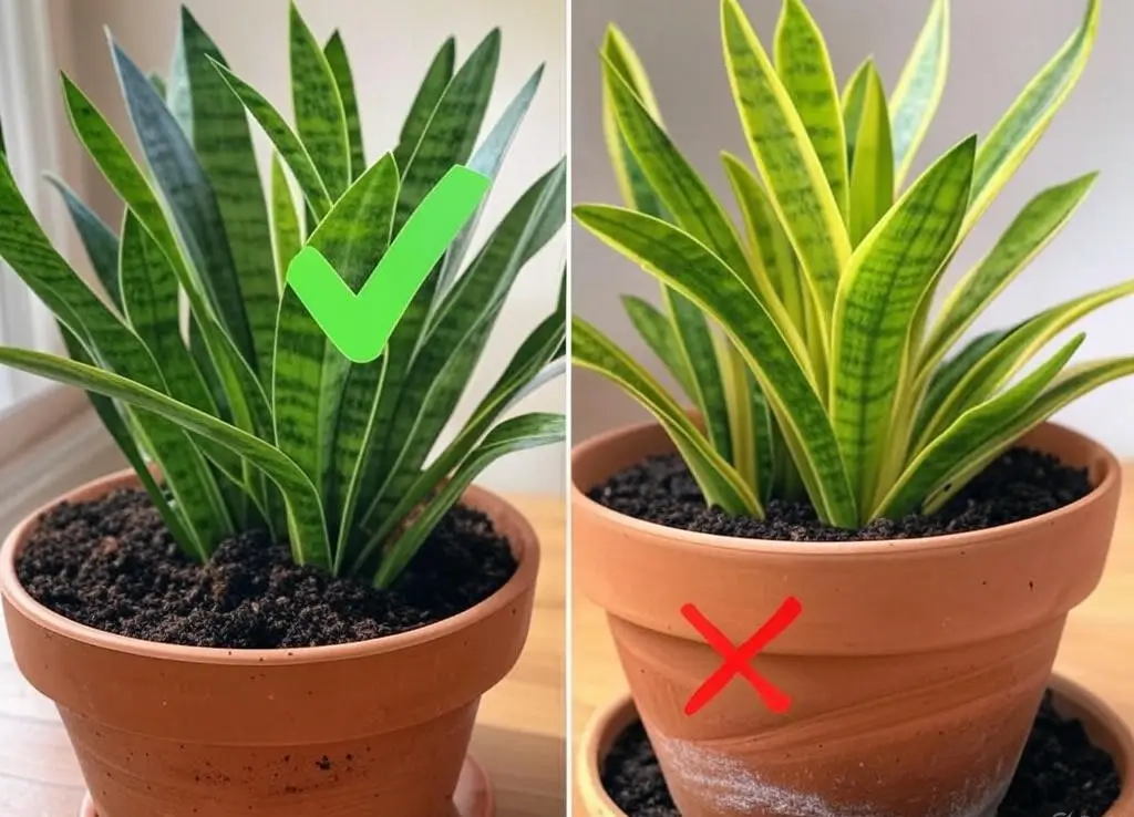Snake plant bottom watering mistake comparison healthy vs overwatered.