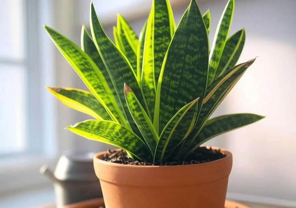 Recovering snake plant (Sansevieria) with new growth after proper watering in bright light.