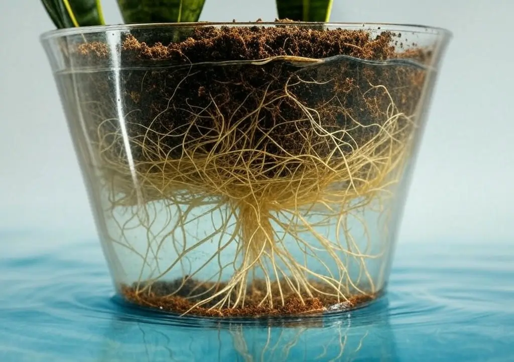 Snake plant (Sansevieria) strong roots from bottom watering.