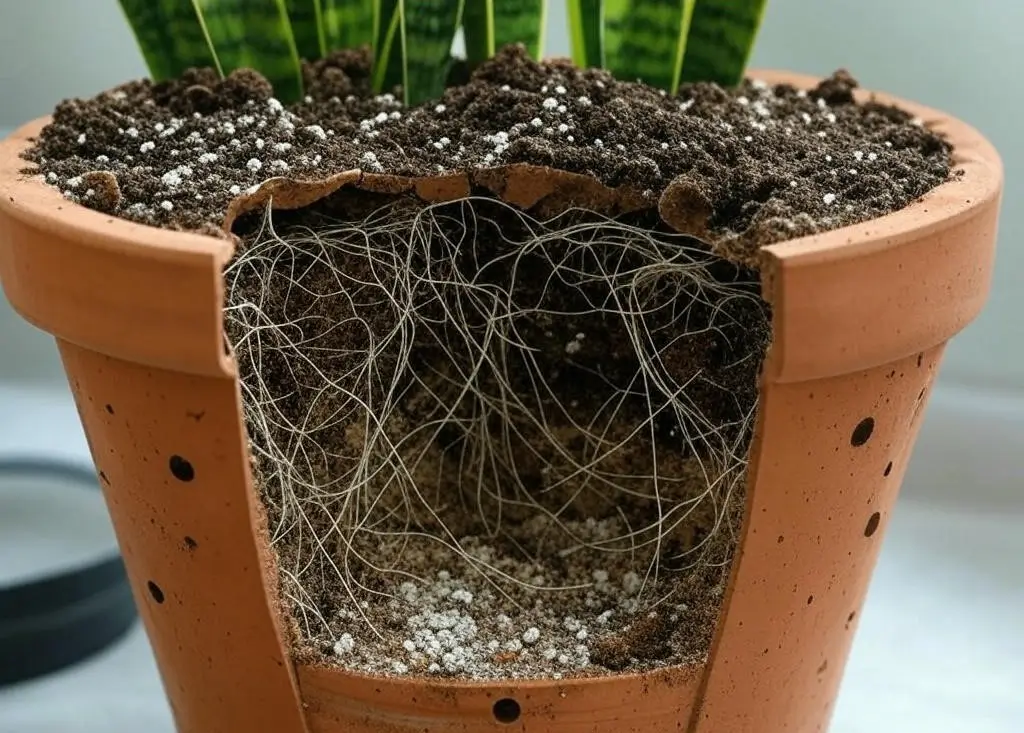 Snake plant pot cutaway showing well-draining soil mix and healthy roots.