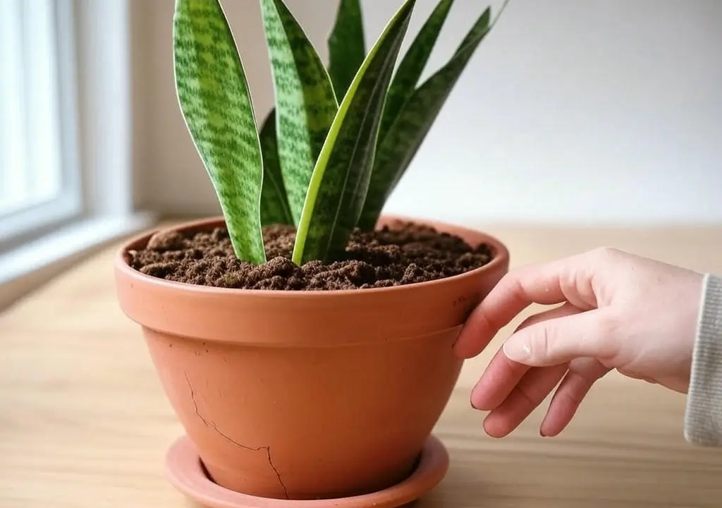 Healthy snake plant (Sansevieria) being watered in a terra-cotta pot on a windowsill with indirect light.