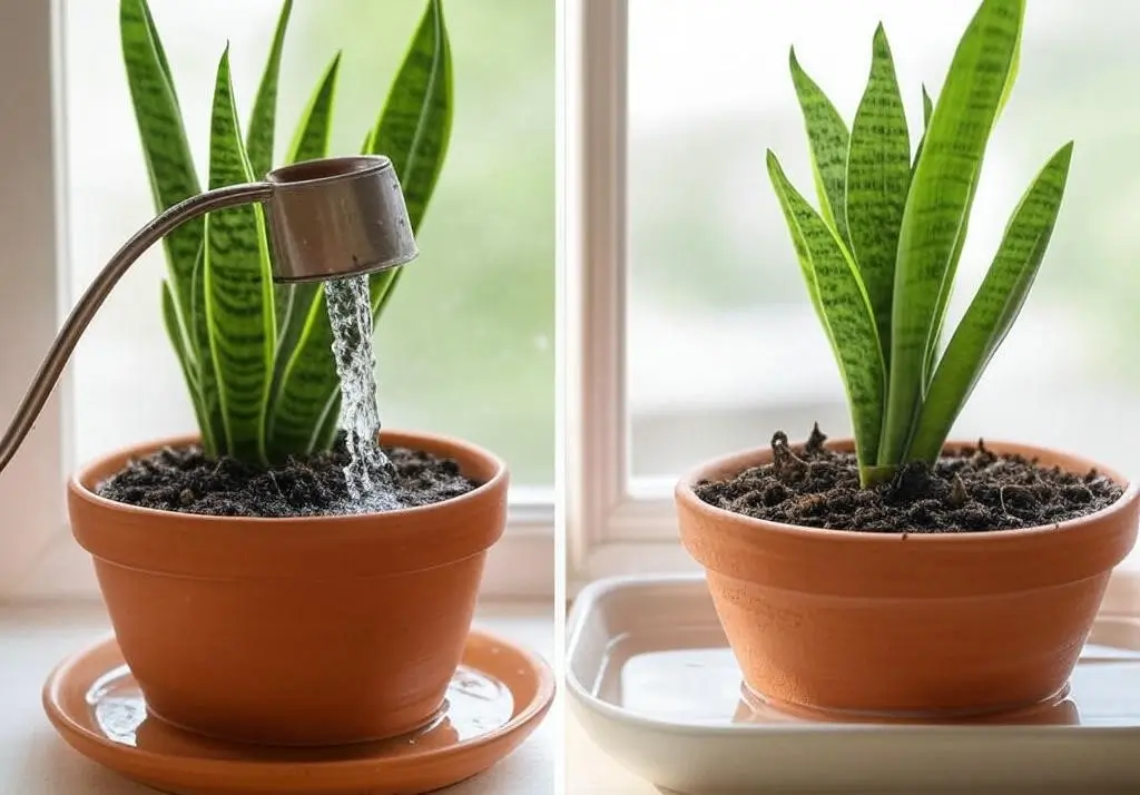 Split view of snake plant being top-watered with a can and bottom-watered in a tray on a windowsill.