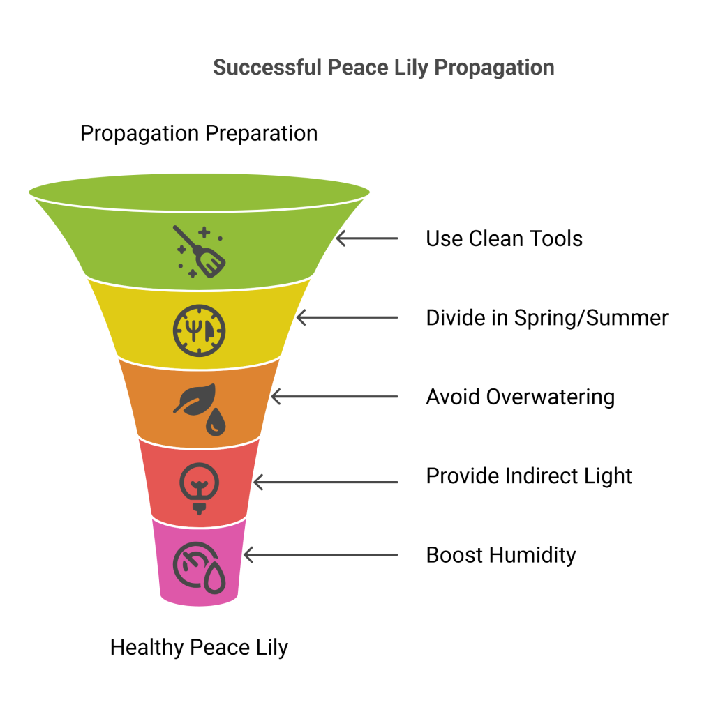 Illustration showing tips for successful Peace Lily propagation.