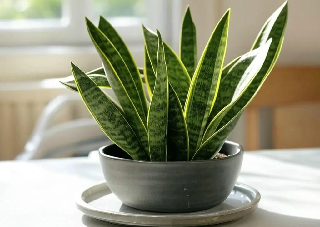 Thriving snake plant after bottom watering on windowsill.