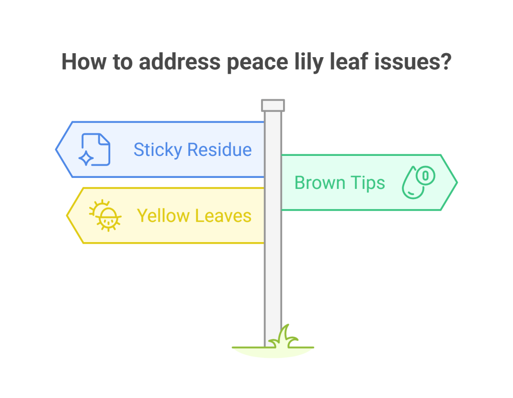 Troubleshooting common peace lily leaf issues.