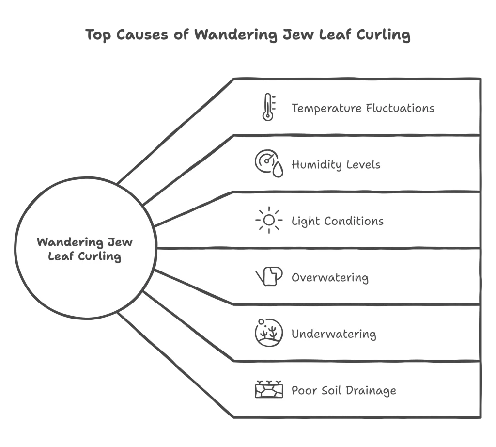 Infographic showing the top causes of Wandering Jew (Tradescantia) leaf curling