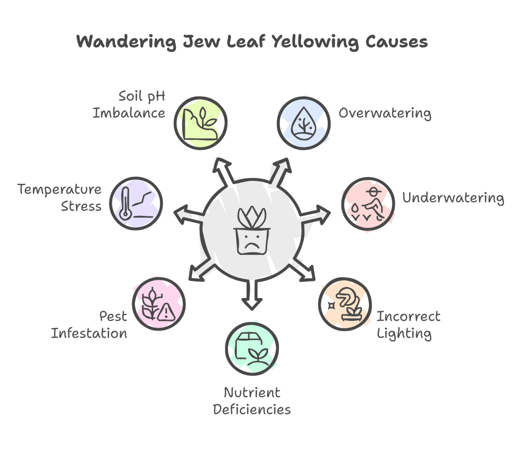 Infographic showing causes of Wandering Jew leaves turning yellow.