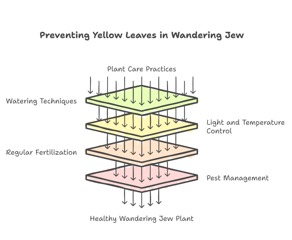 Infographic showing tips for preventing yellow leaves in Wandering Jew plants.