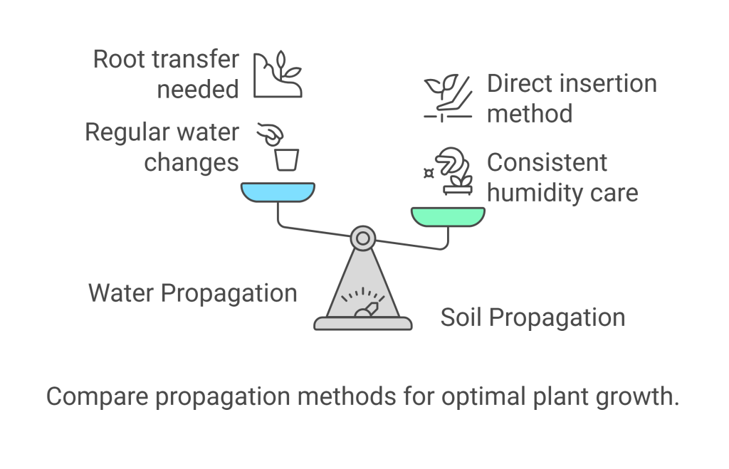 Infographic comparing water and soil propagation methods for Dracaena Marginata 'Tarzan.