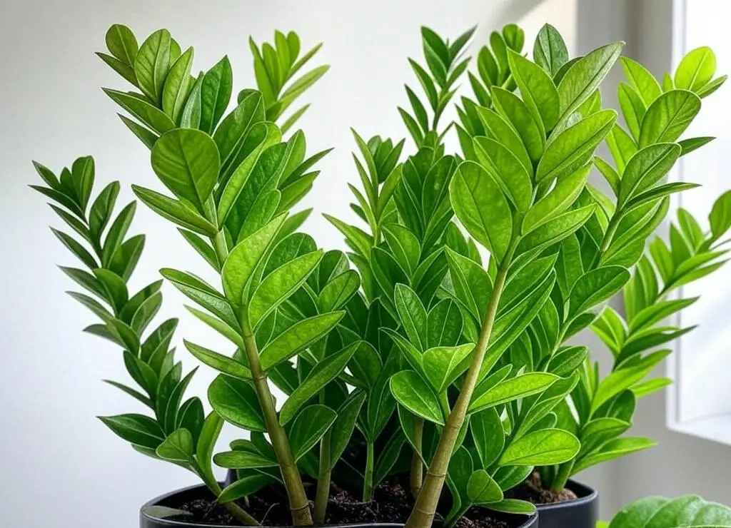 Close-up of a ZZ plant with light green leaves in a matte black pot, showcasing glossy, feather-like foliage against a soft white background, lit by gentle natural light with subtle shadows.