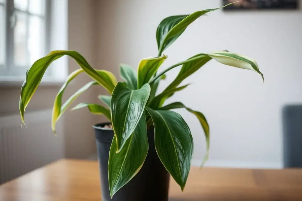 Drooping peace lily with limp yellow leaves in pot, common causes like overwatering and underwatering.