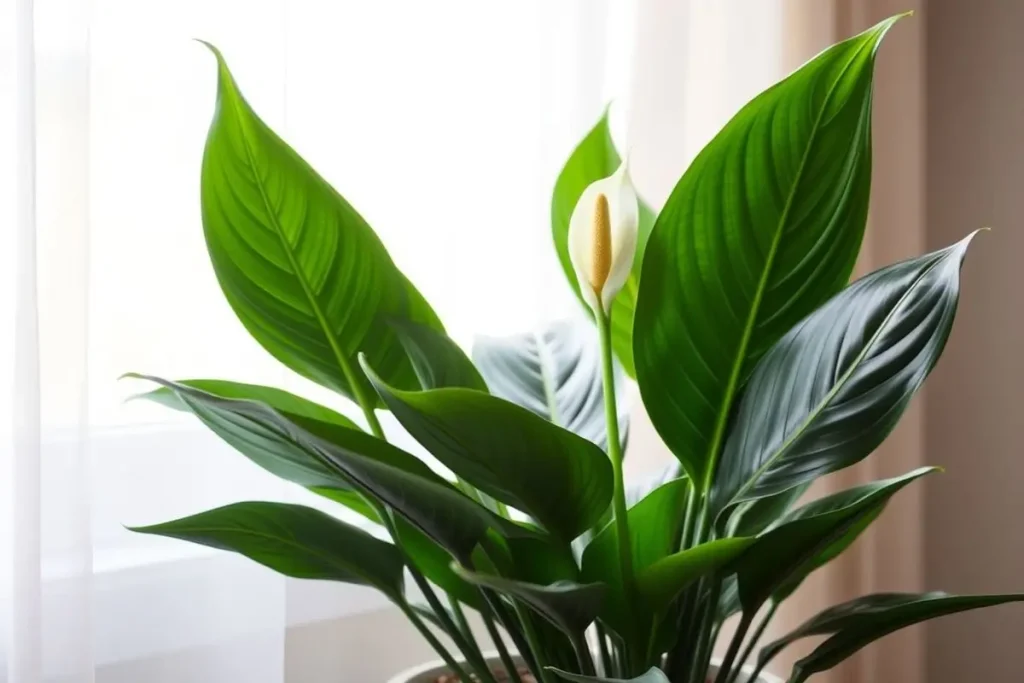 Thriving peace lily in bright indirect light near north-facing window.