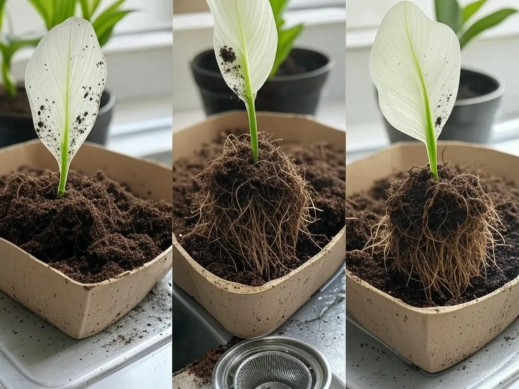 Rinsing Peace Lily roots under water with sink strainer, preparing for hydroponic growth.