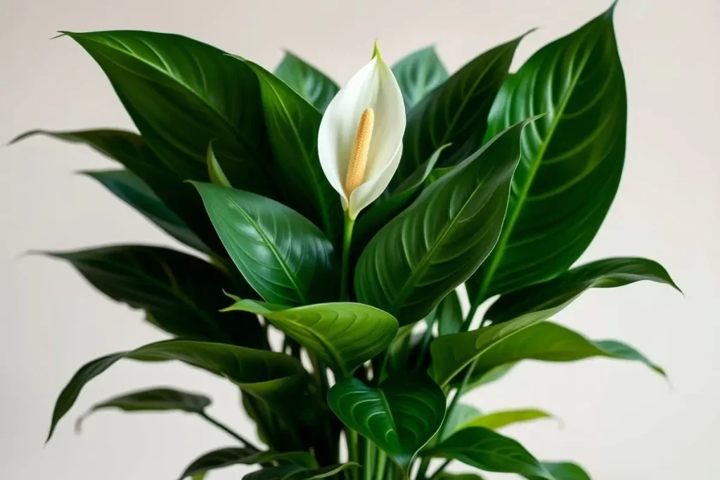 Lush green peace lily thriving after proper care.