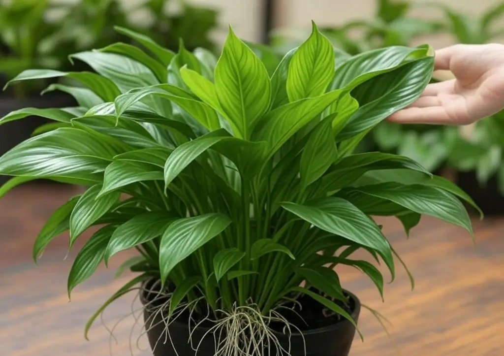 Healthy Peace Lily with vibrant green leaves and white roots, ideal for growing in water, displayed on a wooden table.