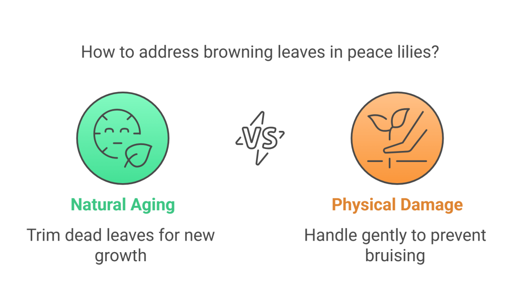 Infographic showing how to fix natural aging and physical damage in Peace Lilies.