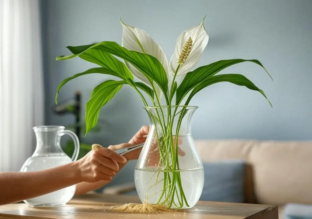 Monitoring a hydroponic Peace Lily in bright indirect light, trimming roots and changing water in a living room.