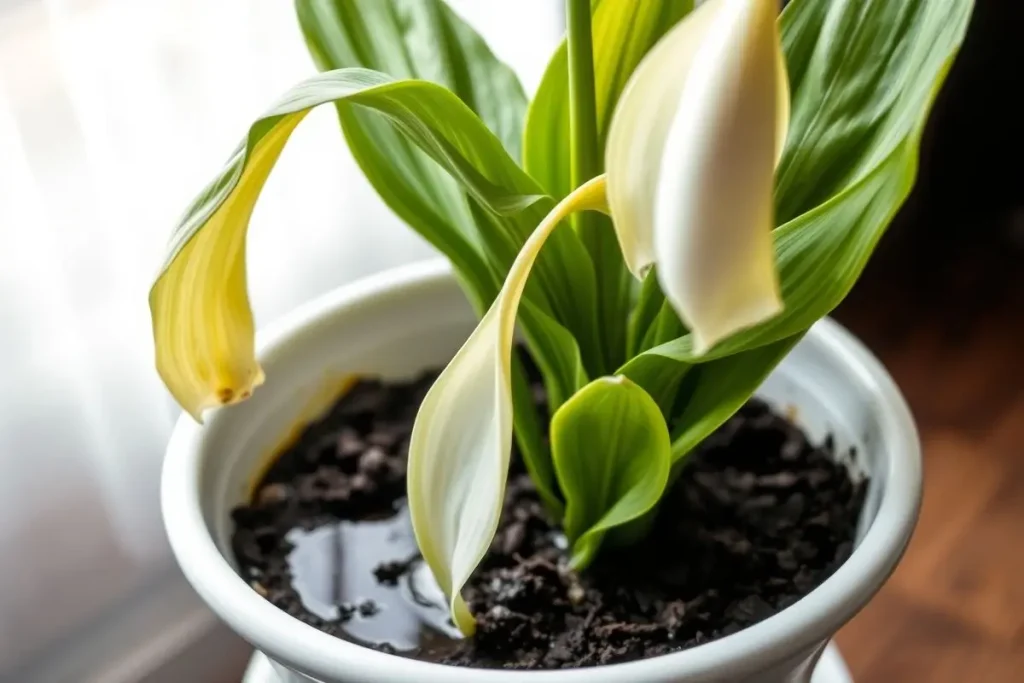 Overwatered peace lily drooping with yellow leaves in soggy soil.