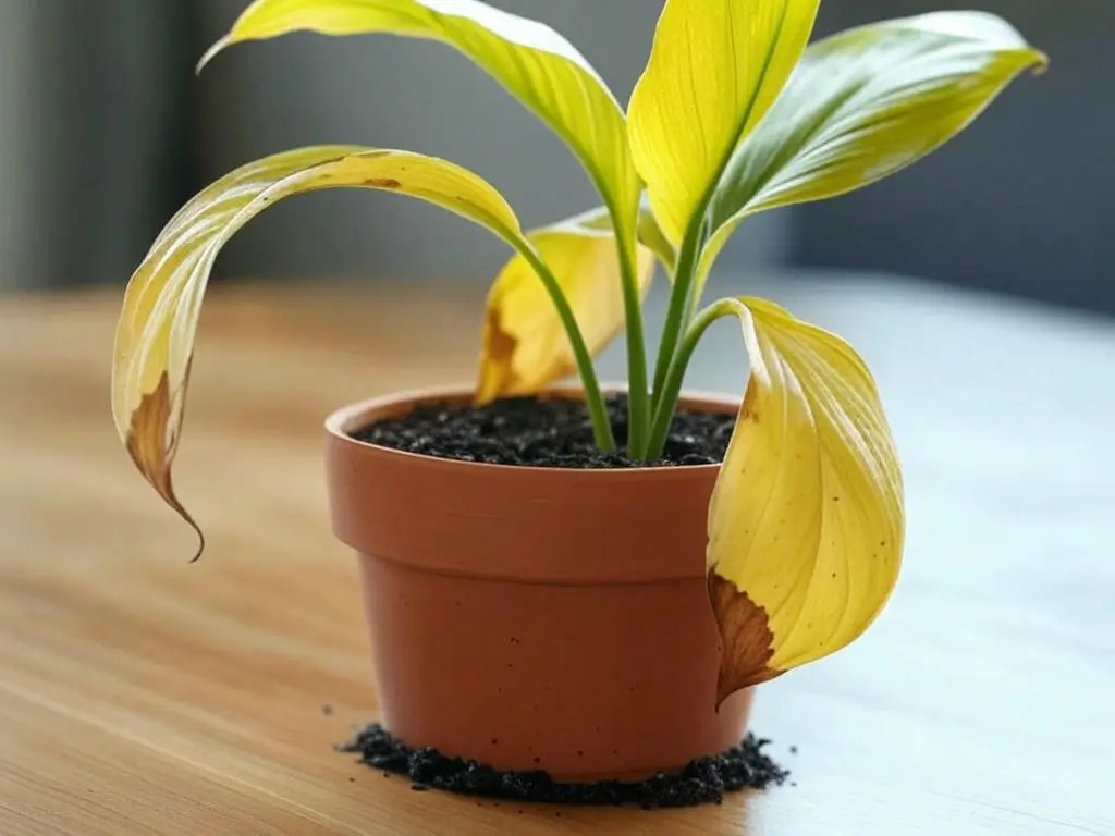 Close-up of an overwatered Peace Lily with yellowing leaves, brown tips, and wilting in a terracotta pot, showing signs of root rot and soggy soil.