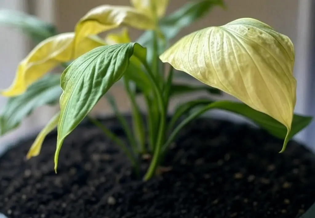 Yellow peace lily leaves from overwatering in soggy soil.