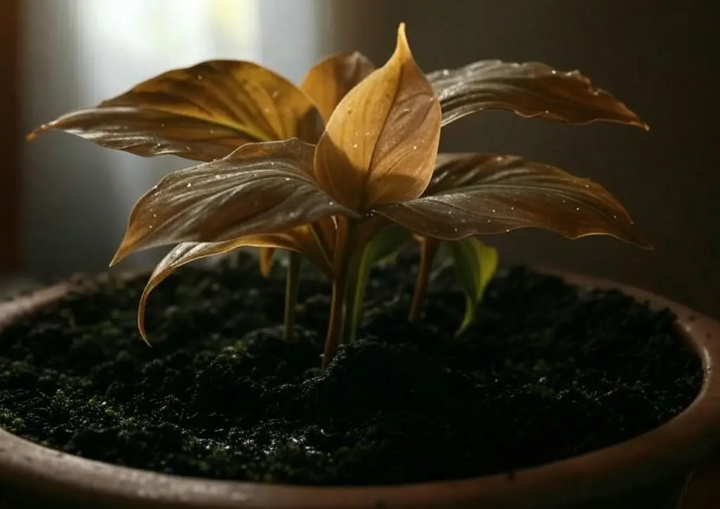Peace lily with brown, mushy leaves due to overwatering, showing signs of root rot.