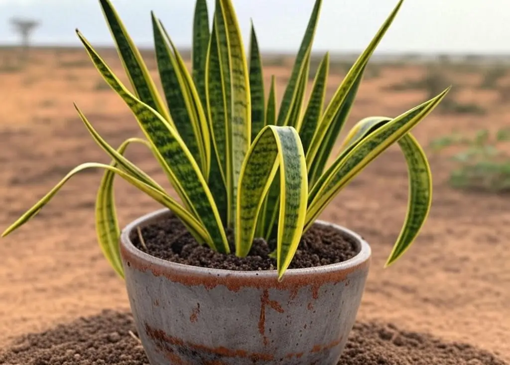 Overwatered snake plant (Sansevieria) with drooping yellow leaves and soggy soil.
