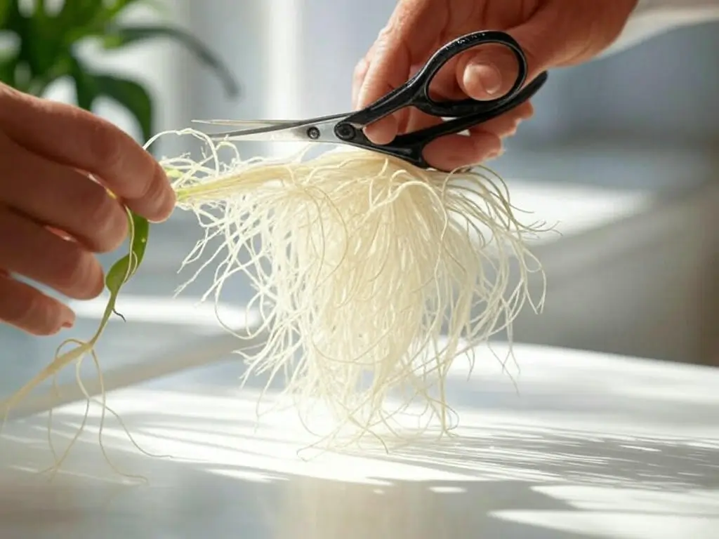 Trimming damaged or long Peace Lily roots with scissors to promote healthy growth