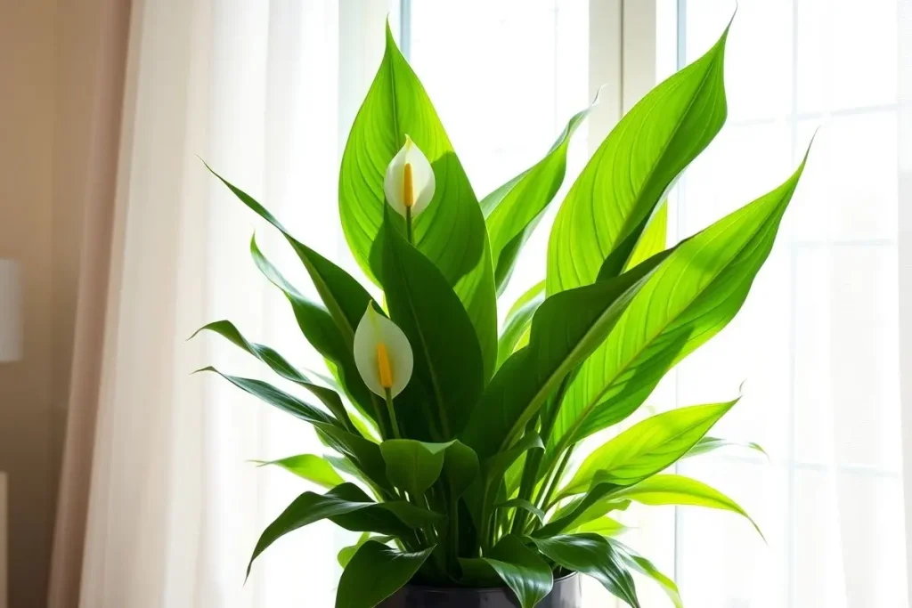 Peace lily thriving in bright indirect light near north-facing window.