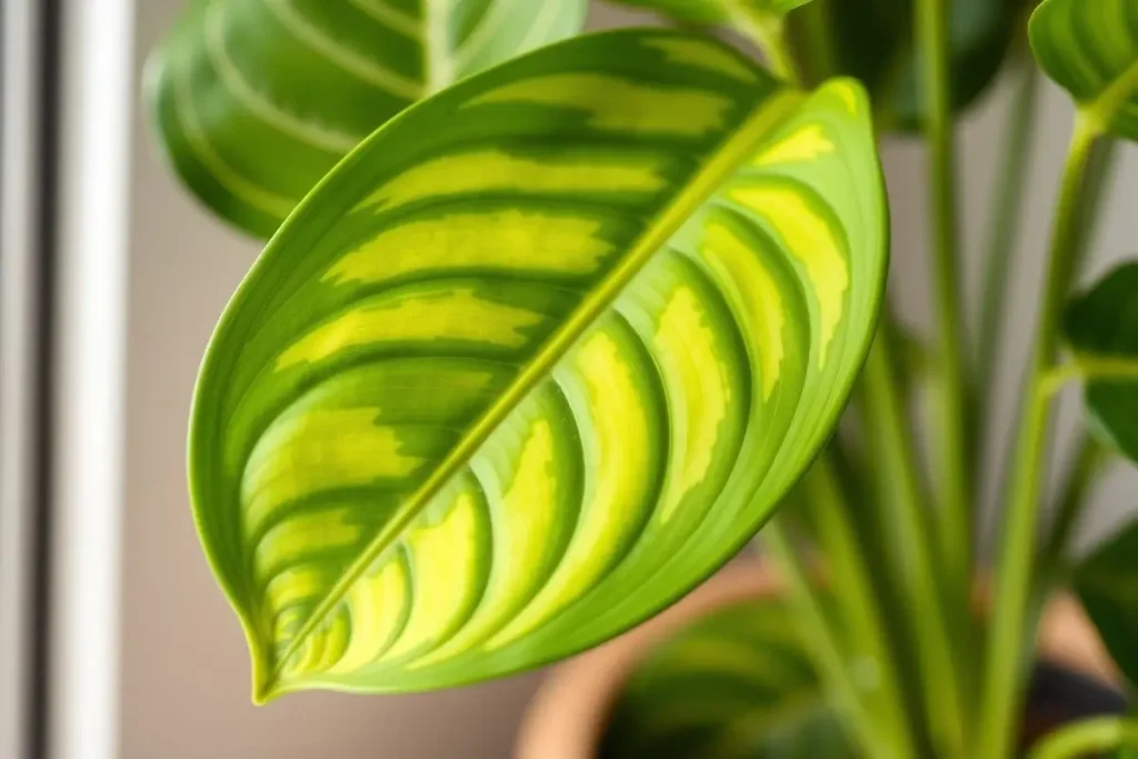 Peace lily leaves with yellowing between veins from magnesium deficiency.