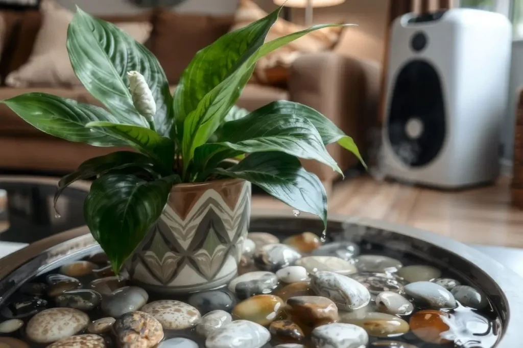 Peace lily on pebble tray for humidity boost, tropical plant care with 40-60% humidity.