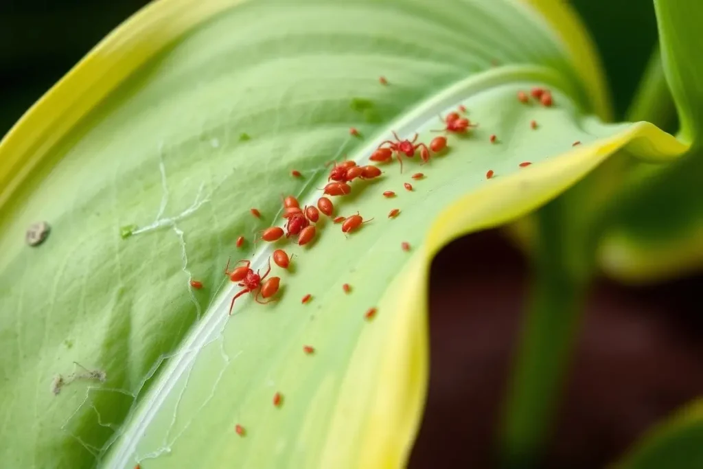 Peace lily leaf with red aphids causing yellowing leaves.