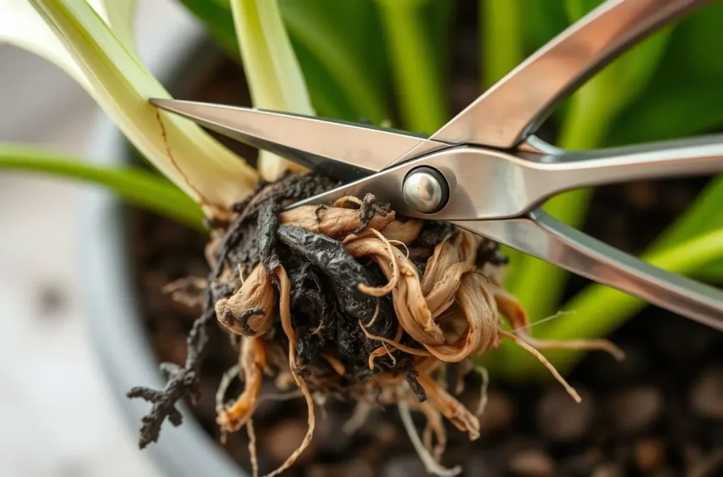 Peace lily with unhealthy brown roots being trimmed to fix root rot and yellow leaves.
