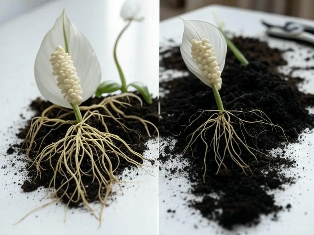 Comparison of healthy white Peace Lily roots vs. black rotten roots from overwatering, with pruning shears for root trimming.