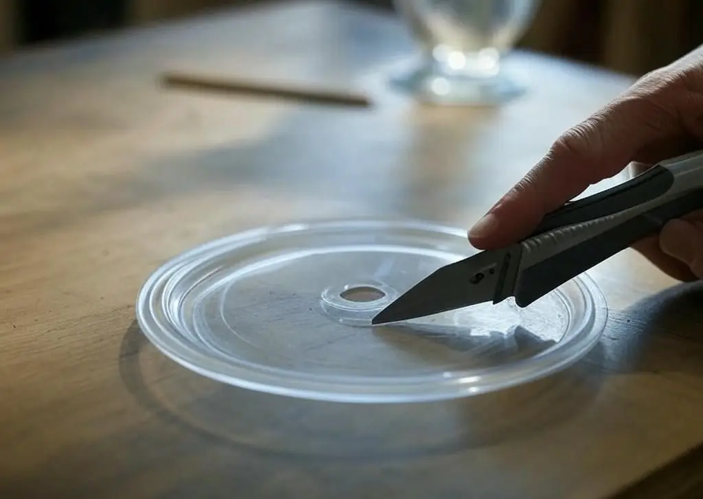 Cutting a hole in a plastic saucer for Peace Lily water growth support, on a workbench with a glass vase.