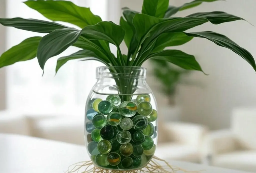Peace Lily assembled in a glass vase with a saucer and decorative marbles, growing hydroponically in a bright room.