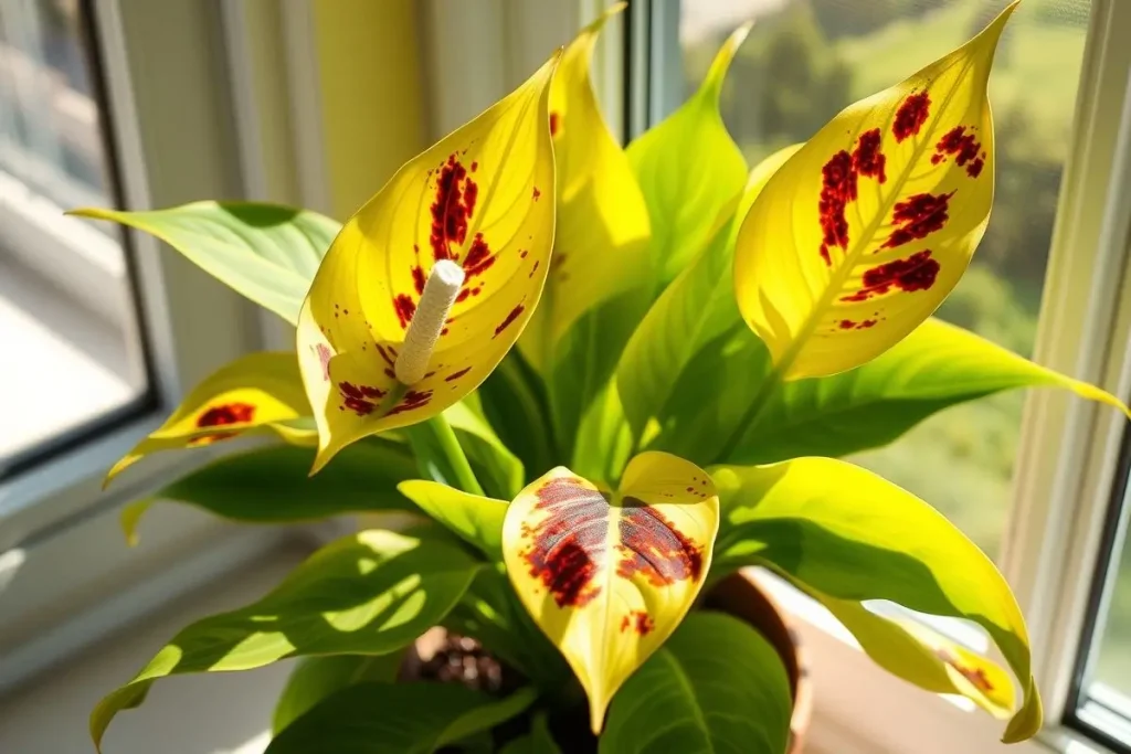 Peace lily with yellow leaves and brown spots from excessive sunlight.