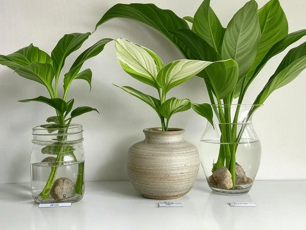 Peace Lily varieties ‘Petite,’ ‘Domino,’ and ‘Sensation’ in water vases, showcasing hydroponic adaptability.