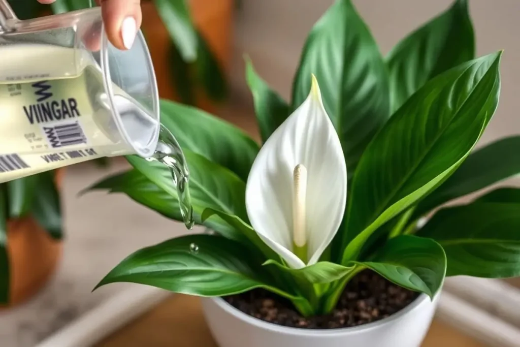 Peace lily watered with vinegar solution to fix yellow leaves.